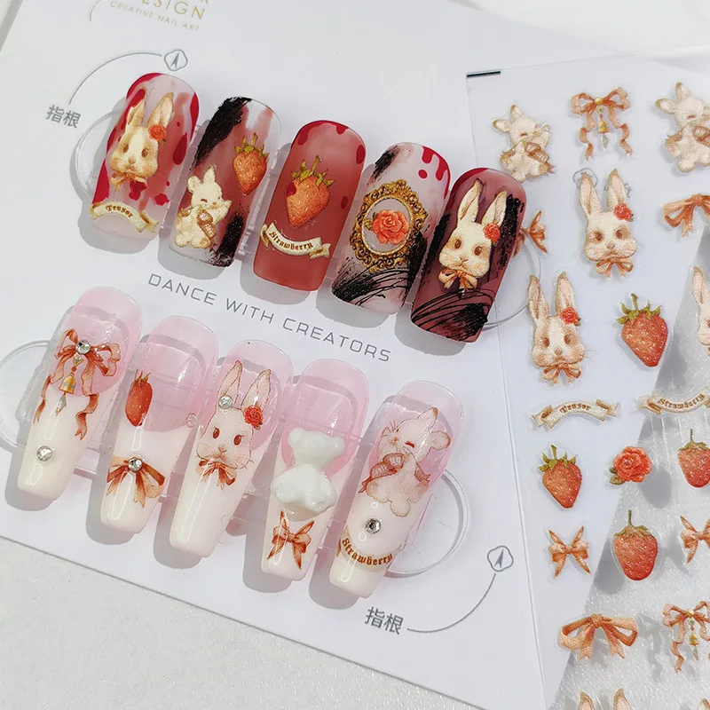 

1 Sheet 5D Realistic Relief Retro Vivid Rabbit Strawberry Bowknots Adhesive Nail Art Stickers Decals Manicure Accessories Charms