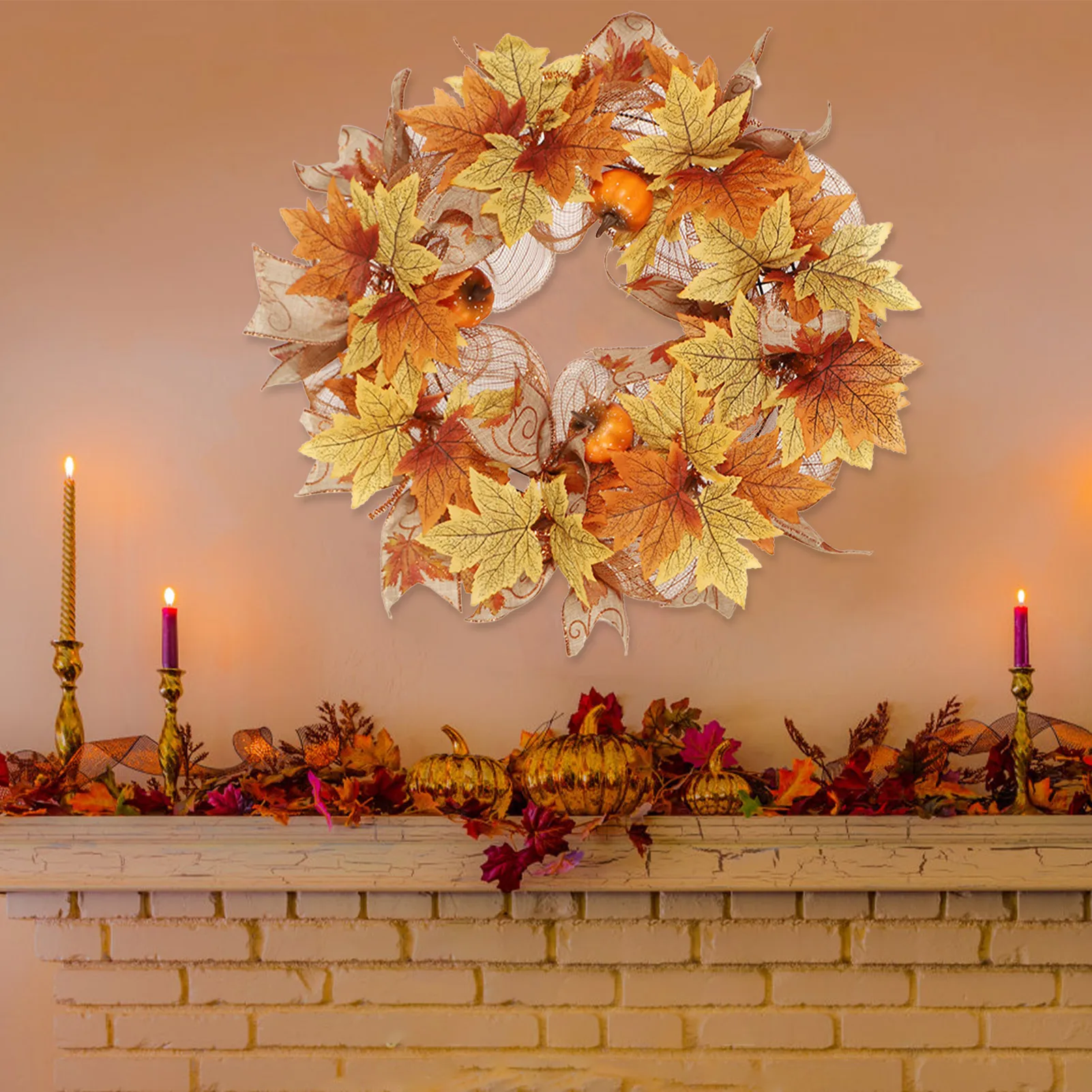

16 Inch Pumpkin Wreaths Artificial Fall Maple Leaf Pumpkin Wreath Autumn Harvest Wreath For Thanksgiving Halloween Fall Decor