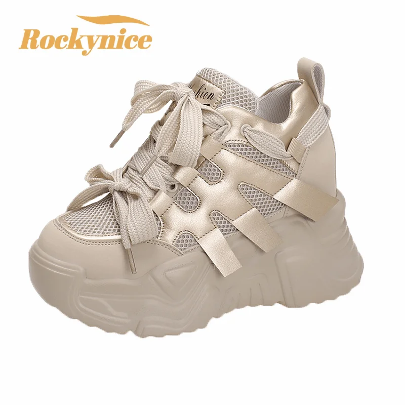 Women Autumn Leather Sneakers 10CM Heels White Mesh Casual Shoes New Fashion Woman Trainers Lace-Up Breathable Platform Sneakers