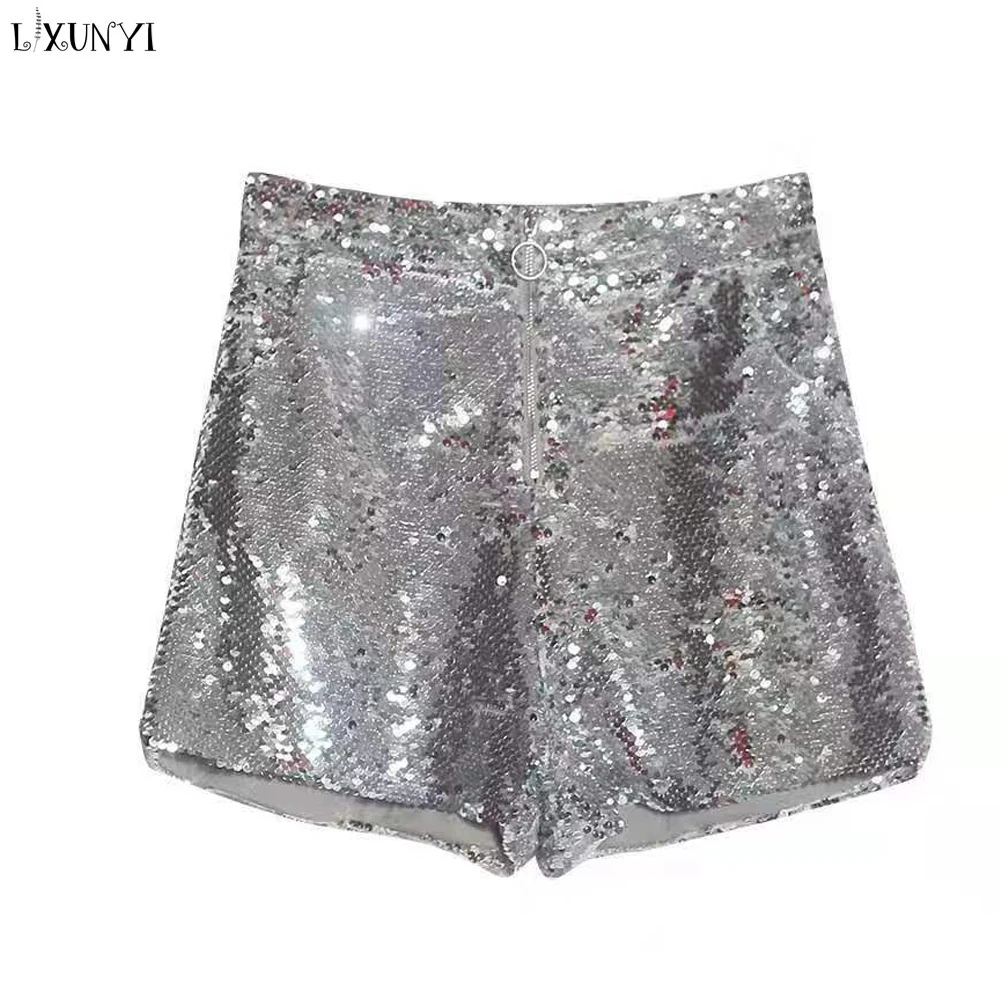 

Шорты LXUNYI женские с блестками, пикантные с металлическим блеском, с завышенной талией, облегающие вечерние, для ночного клуба, танцев