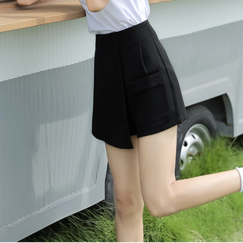 Women's High Waist Slim Girls White/black Shorts 2021 Summer Irregular Slit Shorts with Pocket Female Shorts Skirts Streetwear