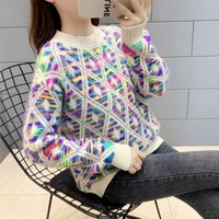 womens argyle long sleeve sweater spring autumn casual loose pullover knitting top lady chic warm jumper
