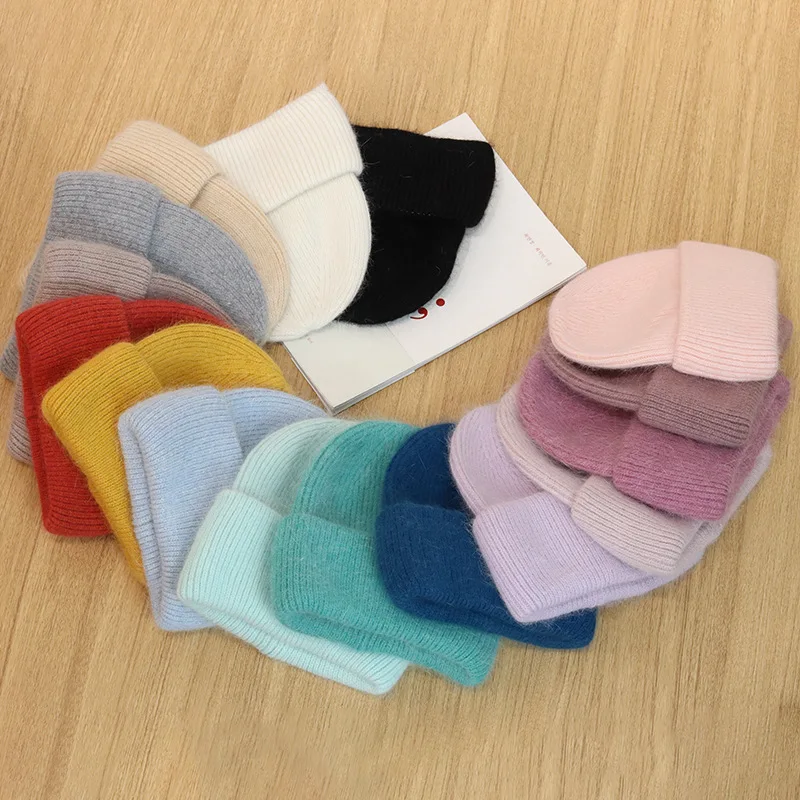 

Casual Women's Hats Cashmere Wool Knitted Beanies Autumn Winter Brand New Three Fold Thick 2021 Knitted Girls Skullies Beanies
