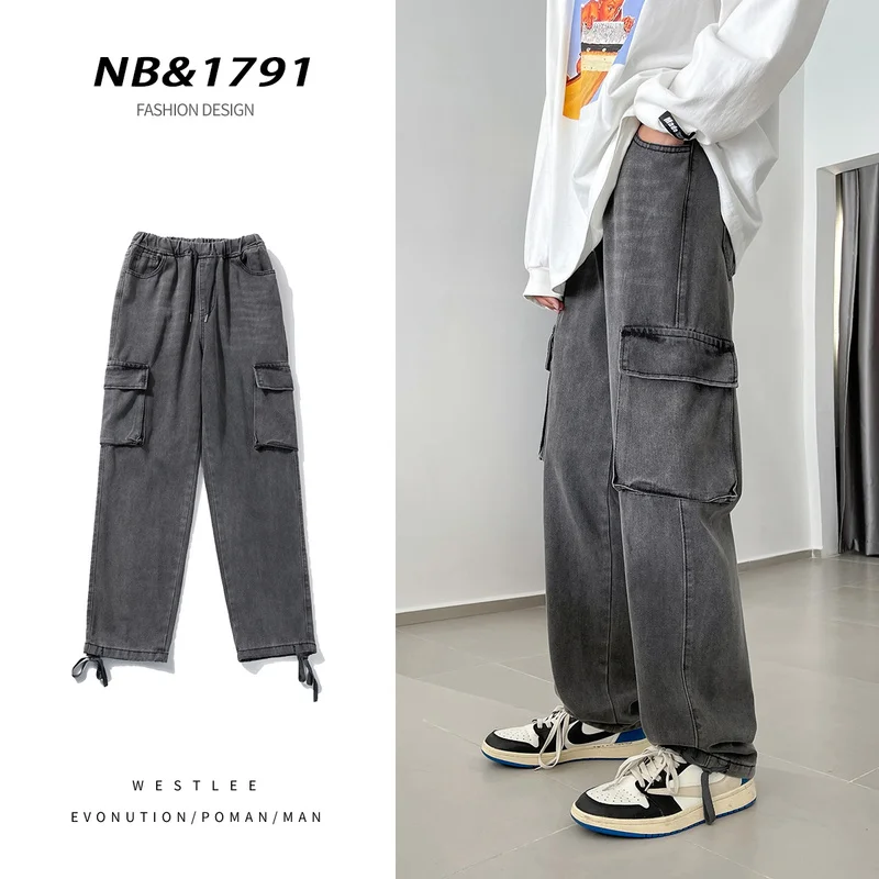 

Spring and Autumn Men's Workwear Jeans Streetwear Loose Casual Big Pocket Straight Pants Baggy Elastic Waist Trousers S-2XL