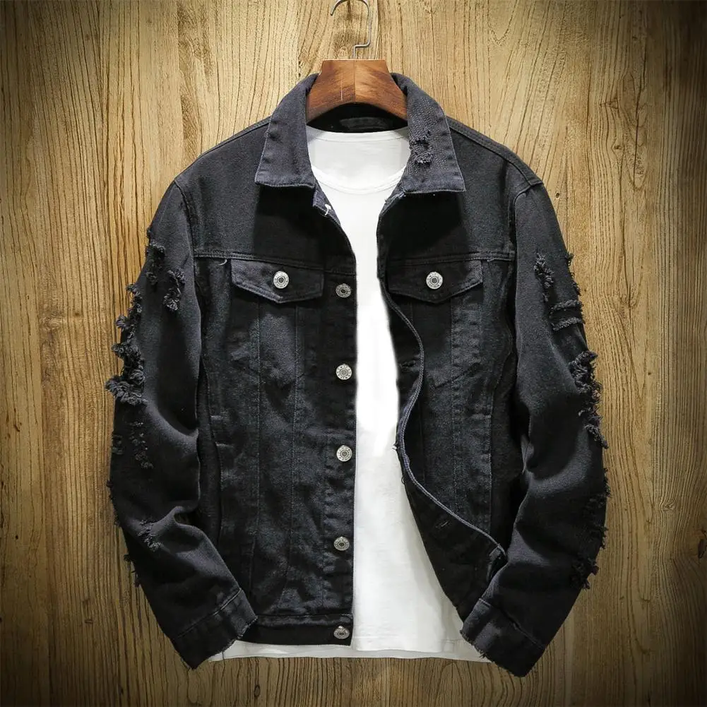 

Stylish Jean Jacket Korean Style Single Breasted Pockets Jacket Solid Color Autumn Winter Men Jacket for Party