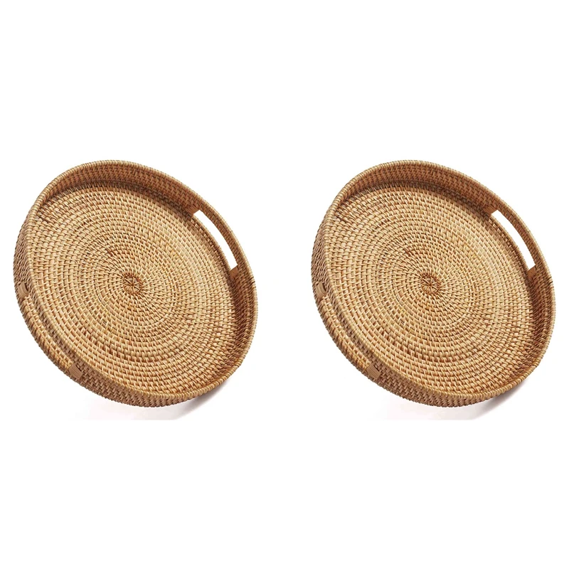 

2X Round Rattan Serving Tray Decorative Woven Ottoman Trays With Handles For Coffee Table Natural(Small)