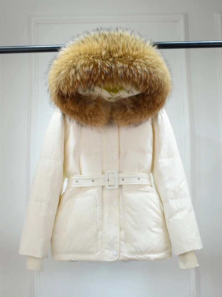 2022 Winter Women Large Natural Fur Hooded Puffer Jacket Female Warm Waterproof Parka 90%White Duck Down Coat With Belt