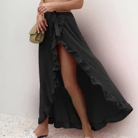 summer maxi skirt women beach skirt solid color ruffles slit long skirt beachwear