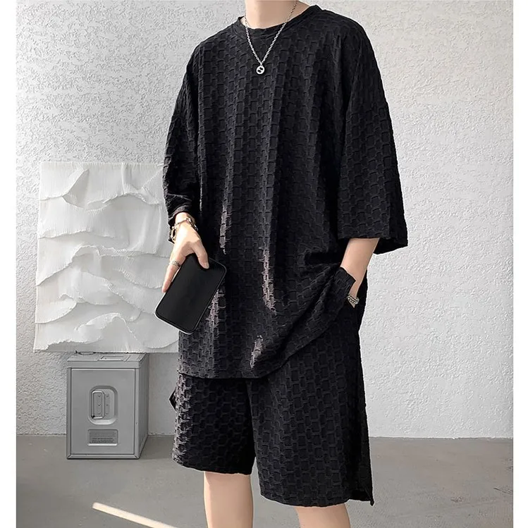 2023 New Summer 2pcs Men's Sets Short Set Clothing Loose Stretch Solid O-Neck T Shirts and Shorts Stylish Oversize Streetwear