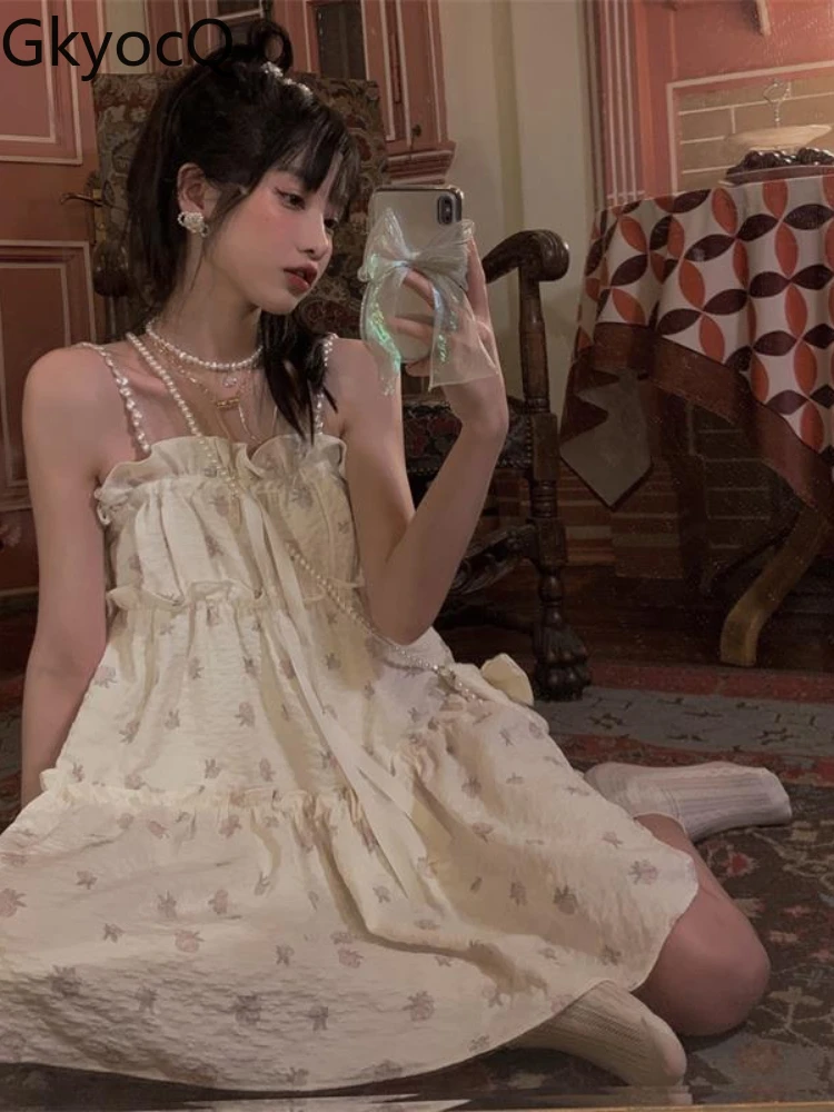 

Женское платье на бретельках GkyocQ, летнее платье с французским жемчугом и цветочным принтом, корейская мода, приталенная юбка с принтом, 2022