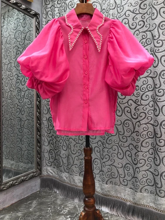 

2022 new women fashion beaded fashion pointed collar solid color lantern short sleeve palace style top shirt 322