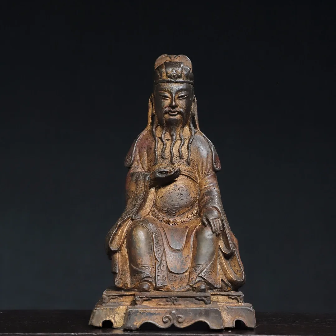 

10"Tibetan Temple Collection Old Bronze Cinnabar Mud gold Civil Service Statue be promoted Amass wealth Worship Hall Town House