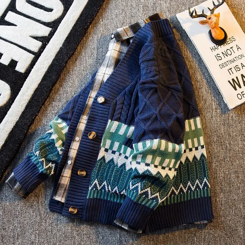 Мужской трикотажный кардиган повседневный Свободный составного кроя в стиле