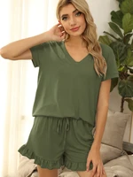 new 2022 spring and summer home two piece womens casual drawstring shorts short sleeved pajamas womens simple and comfortable