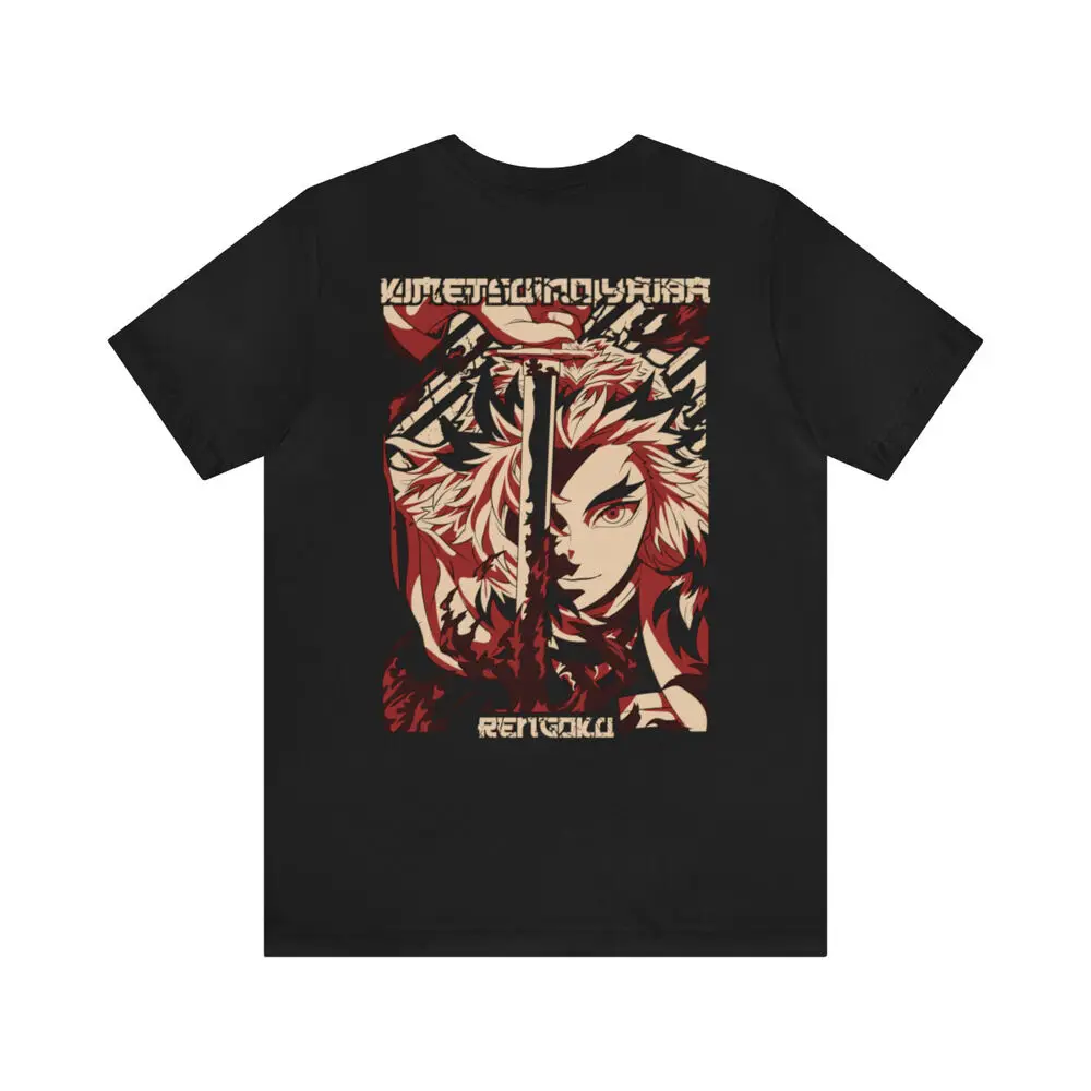 Фото Футболка Rengoku flame hashira graphic, футболка с изображением рассекающего демона, футболка с рисунком аниме спереди и сзади №2