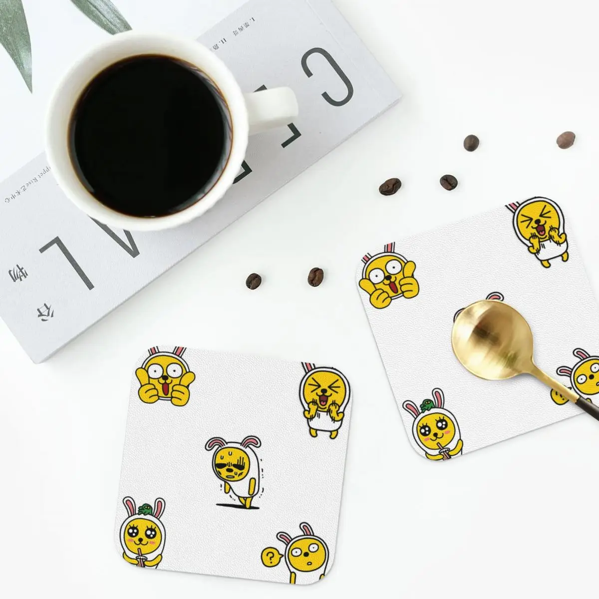 

KakaoTalk Friends Coasters Leather Placemats Non-slip Insulation Coffee Mats for Decor Home Kitchen Dining Pads Set of 4