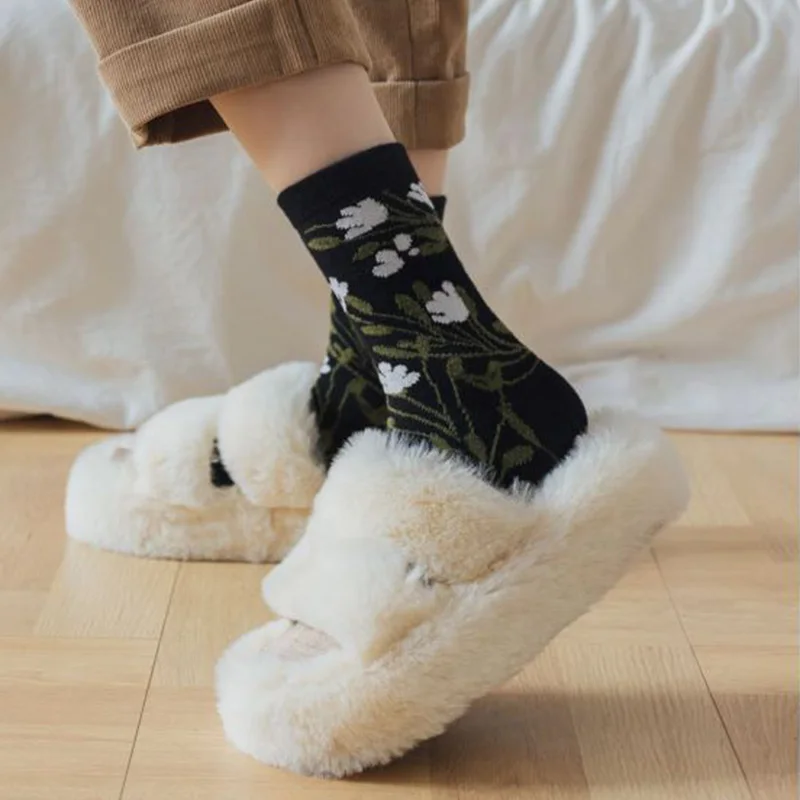 5 Pair Keep Warm Thick Winter Socks Set Female Harajuku Fashion Flower Print Socks For Women Brand Designer Cashmere Calze Donna