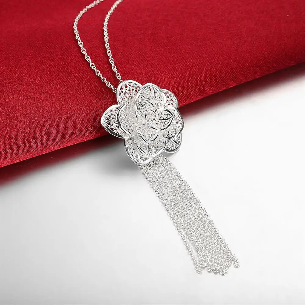 

925 sterling Silver beautiful flowers Pendant Necklace For Women luxury fashion party wedding accessories Jewelry Christmas gift