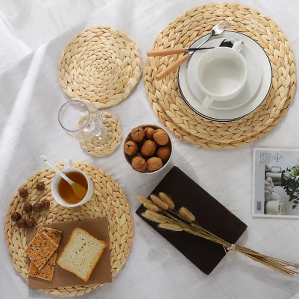 

Weave Rattan Round Placemats Natual Straw Home Cups Mat For Dining Table Mat Table Mat Kitchen Decor Decoration