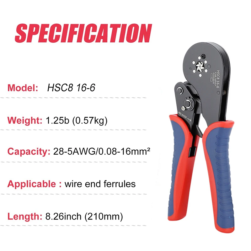 Фото HSC8 16-6 Pro шестигранные обжимные клещи с храповым механизмом для концевых втулок и обжимных наконечников-обжимные наконечники 0,5-16 мм² (AWG 20-5) о... №3