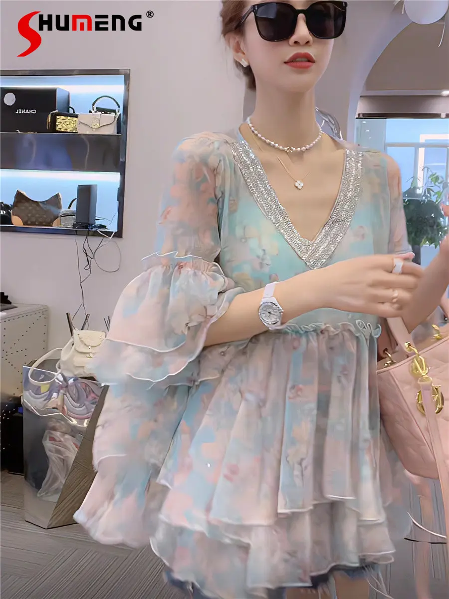 

Korean Style Elegant Ruffled Shirts for Women 2023 Summer New Chic Fairy Temperamental V-neck Short Sleeve Tops Blusa Feminina