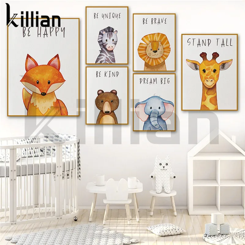 

Animals Dream Big Canvas Painting Fox Bear Elephant Lion Giraffe Be Happy Cartoon Posters and Prints Wall Art for Kid Room Decor