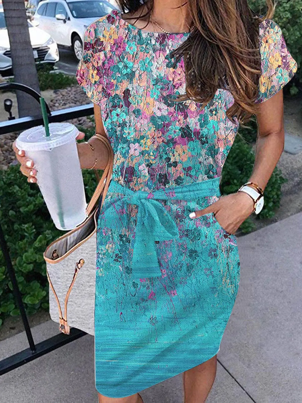 

Женское платье, Новинка лета 2022, облегающее тонкое платье с принтом и коротким рукавом, с поясом, повседневные платья до колена с карманами и...