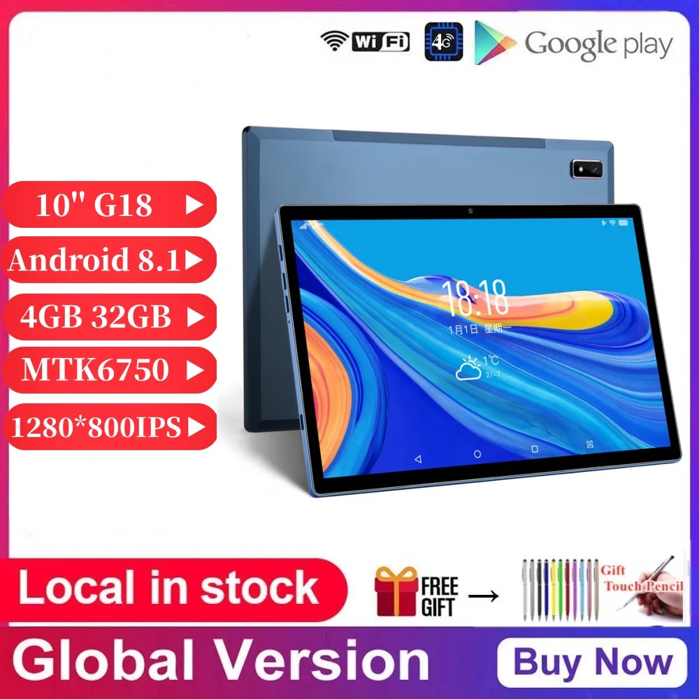 10.1'' G18 TFT 5 Points 4G Phone Call Tablets PC Android 8.1 Octa Core 4GB RAM 32GB ROM MTK6750 Cortex A7 1280*800IPS Netbook