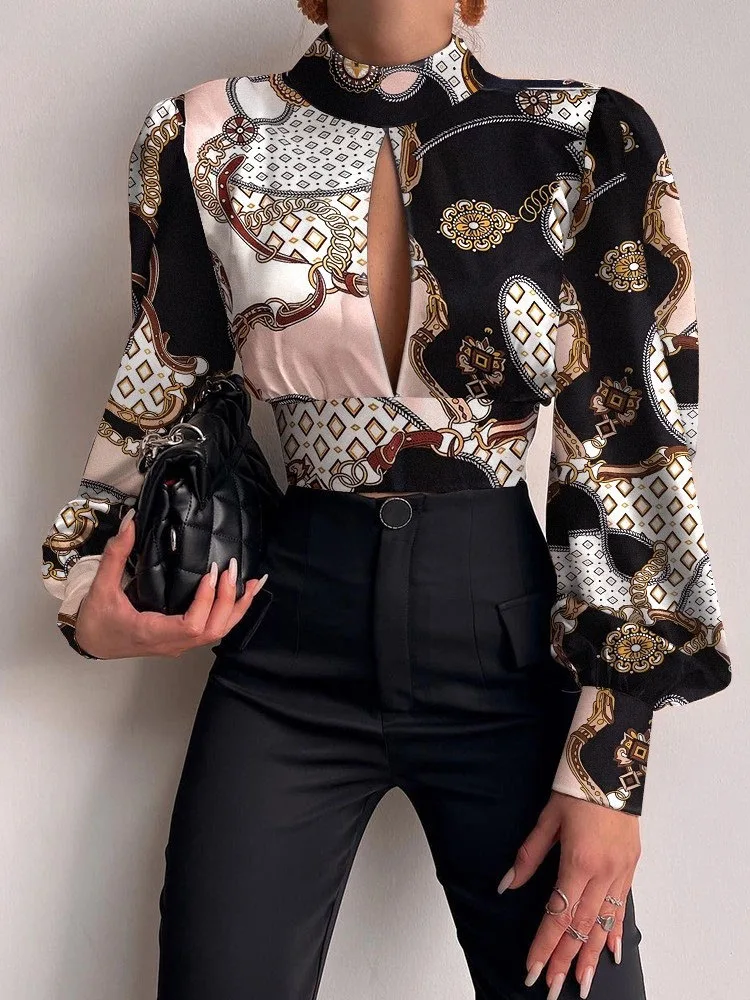

Women Vintage Print Lantern Sleeve Shirt Lady Fashion Turtleneck Lace-Up Blouse Spring New Sexy Elegant Hollow Out Backless Tops