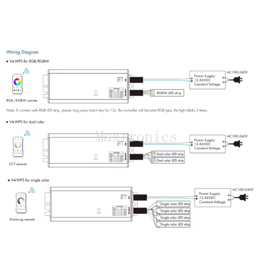V4-WPS 4-канальный радиочастотный контроллер постоянного напряжения диммер 12-36 В