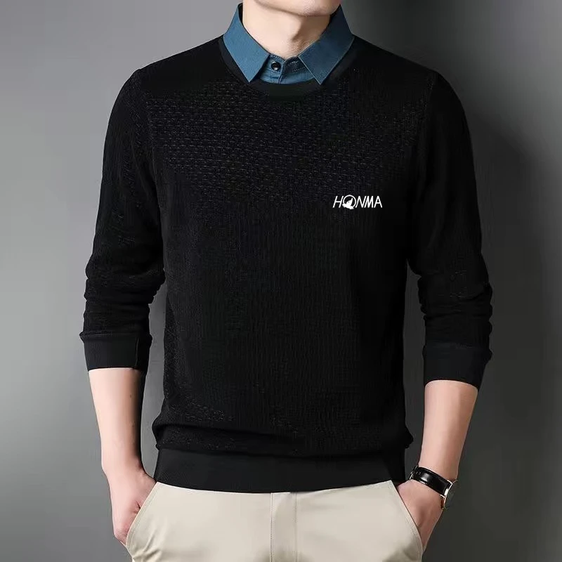 

Мужская одежда для гольфа, Новинка осени 2023, одежда для гольфа, мужская рубашка с имитацией двух предметов, мужская одежда с изгородью, вязаный свитер для гольфа, деловая Повседневная футболка