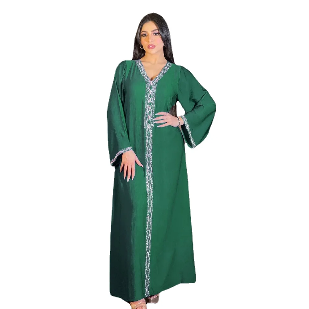 

Платье с бусинами, V-образным вырезом, пуговицами и длинным рукавом, элегантное роскошное вечернее платье, абайя, изумрудно-зеленое платье для весны и лета