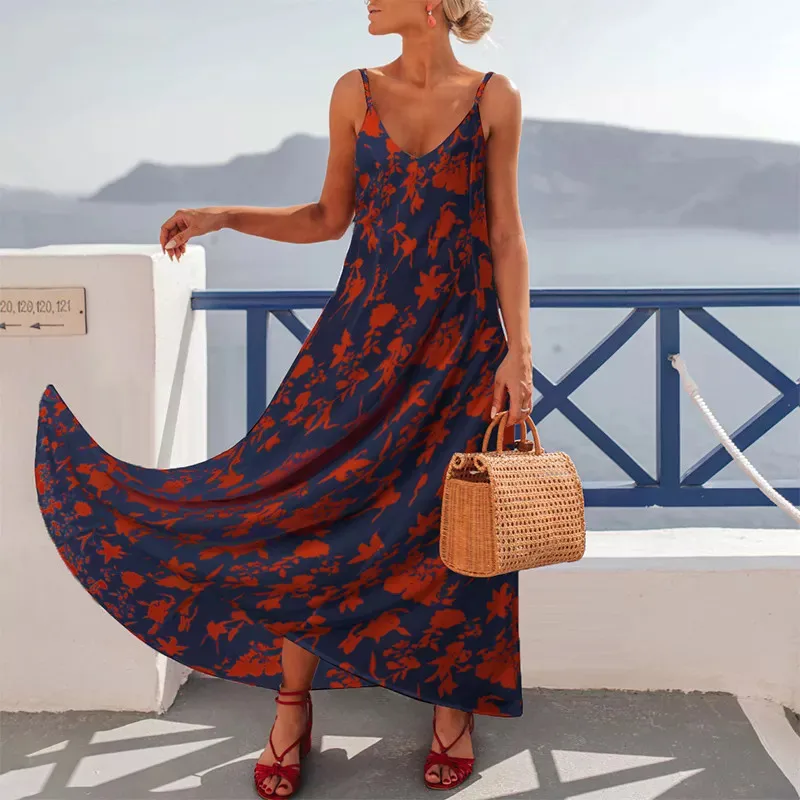 

Women Sexy V Neck Backless Long Beach Dress Elegant Off Shoulder Sling Party Dress Fashion Printing Casual Loose Hem Boho Dress