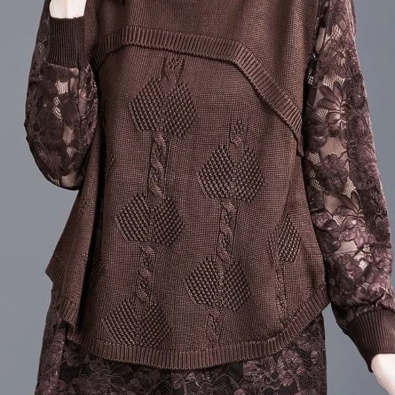 Женский пуловер средней длины однотонный свободный кружевной с круглым вырезом