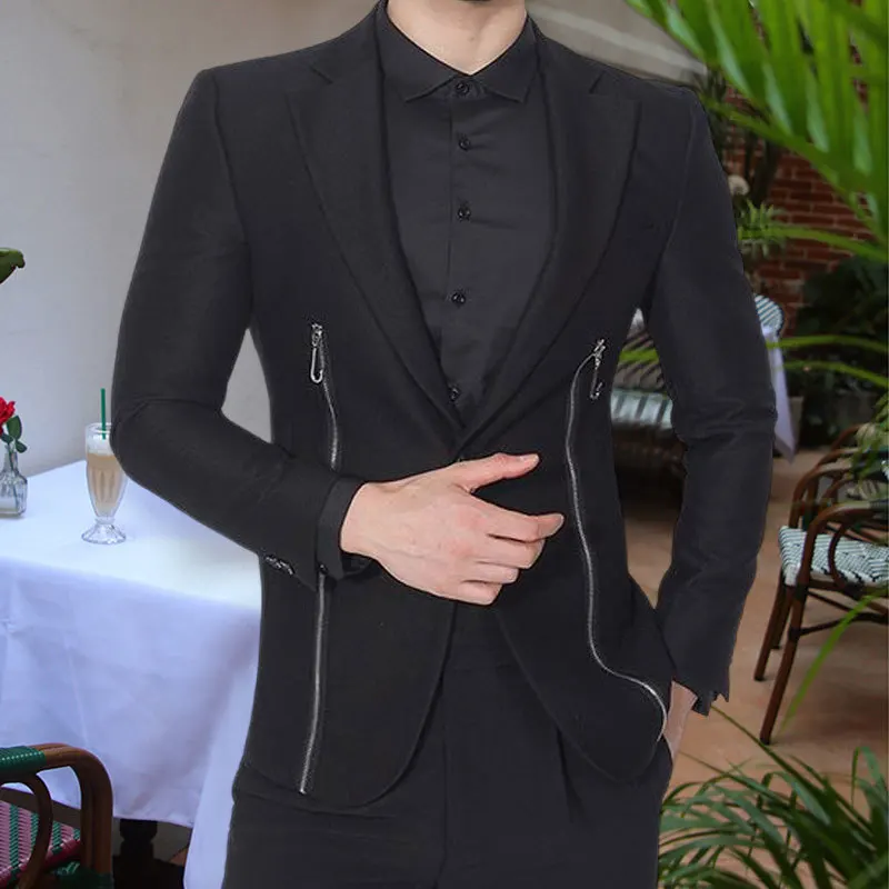 

Streetwear Casual Blazer Hombre Decorative Double Zip Design Patchwork Blazer Jacket Stage Terno Masculino Prom Blazer For Men