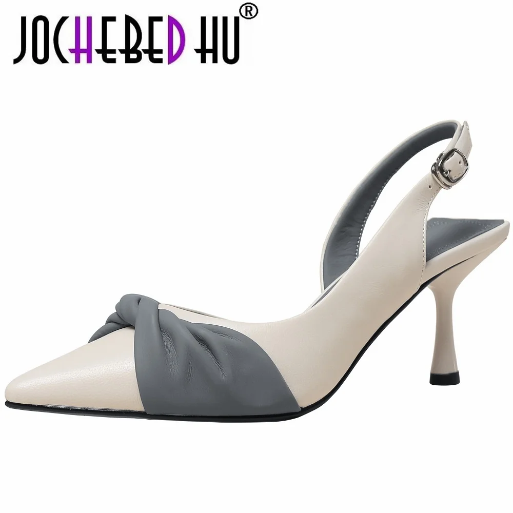 

【JOCHEBED HU】New Fashion Brand Women Genuine Leather Pumps Sling Back Pointed Toe Heels Strap Dress Party Shoes