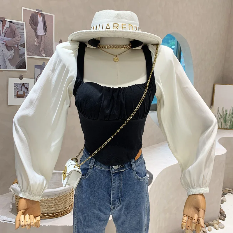 

Новинка, женская одежда, весна 2023, Асимметричный топ с квадратным вырезом, дизайнерская футболка для девочек с длинным рукавом