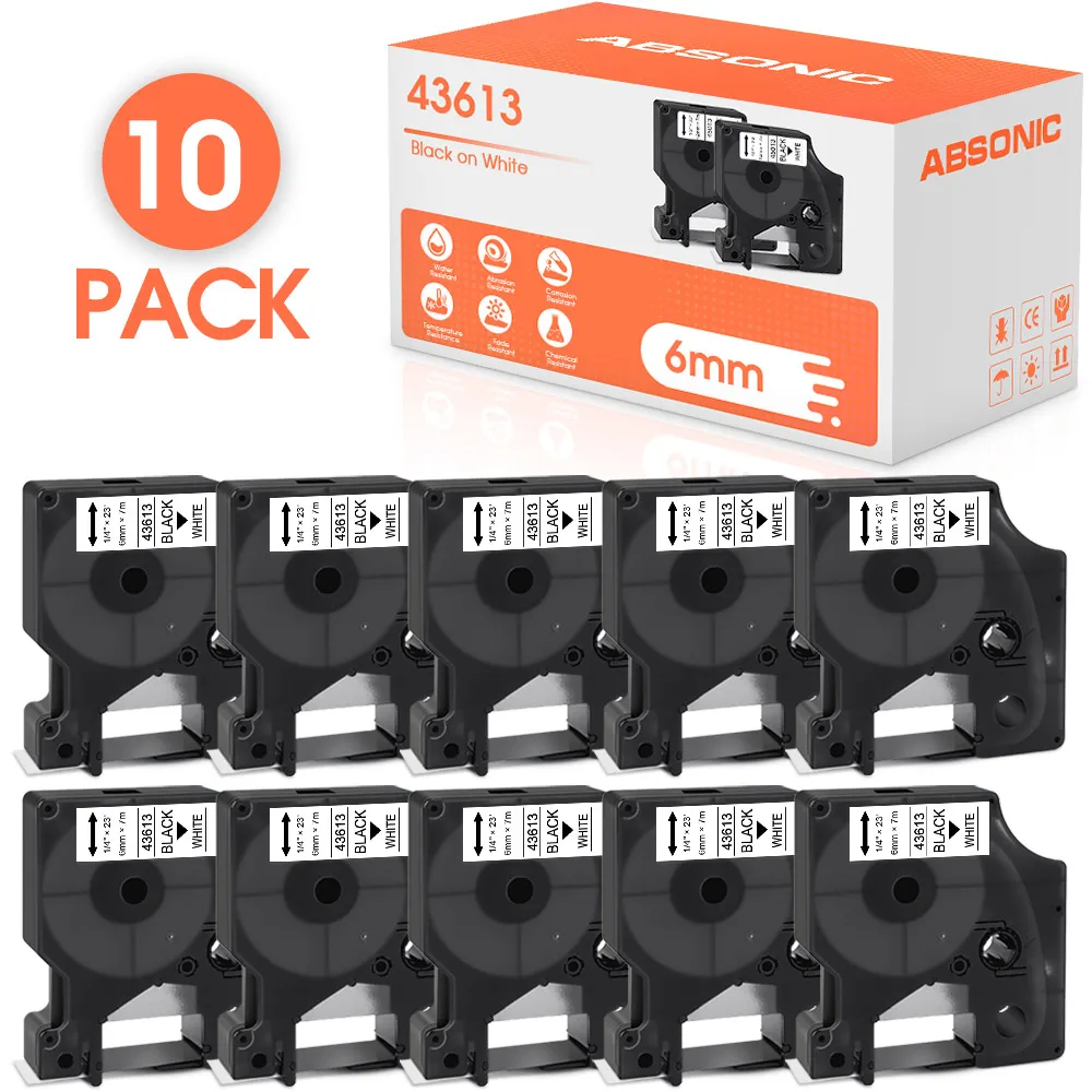 

10PK 6mm 43613 Black on White Compatible for Dymo D1 Tapes 43613 Label Cassette Ribbon for Dymo LabelWriter 450 Duo Labeller
