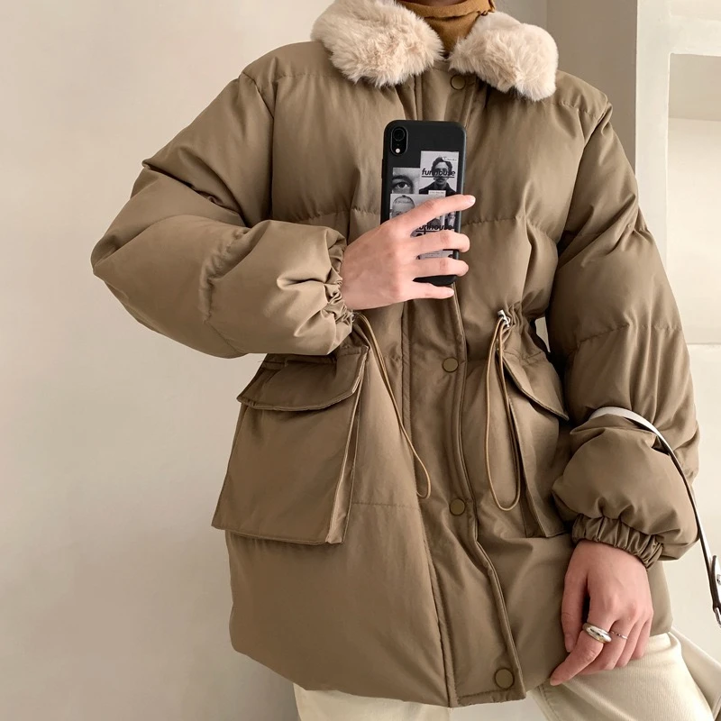 Parkas Women Winter NEW 2021 Faux Rabbit Fur Lapel Collar Windproof Short Cotton Coats Thick Warm Fashion Elegant Zipper Jacket