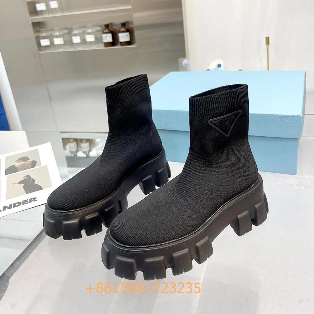 

2023 Newest Black Platform Women Socks Boots Stretch Fabric Mid-Calf Casual Boots Knitted Short Boots Women Plus Size Booties