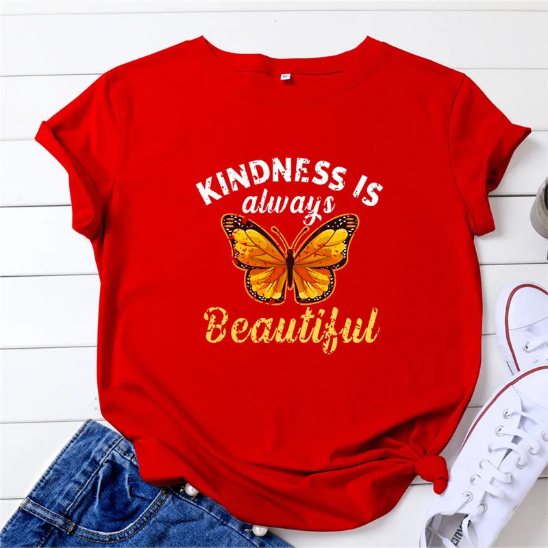 

Женская футболка с коротким рукавом и принтом «бабочки и буквы»