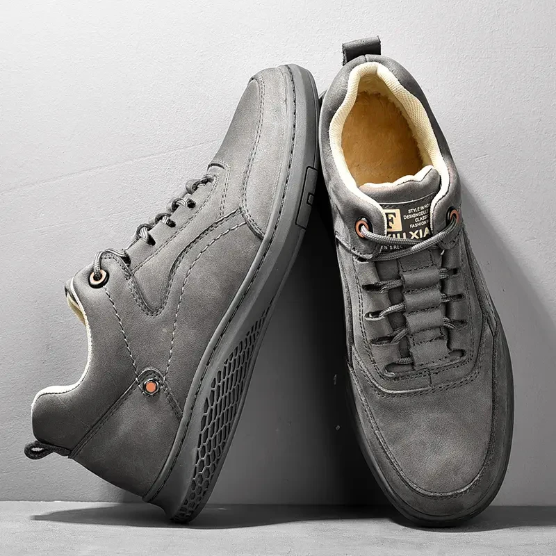 Mens Fashion Pu Walking Shoes Trend Autumn Winter Casual Plush Flats Outdoor Comfortable Sneakers Footwear