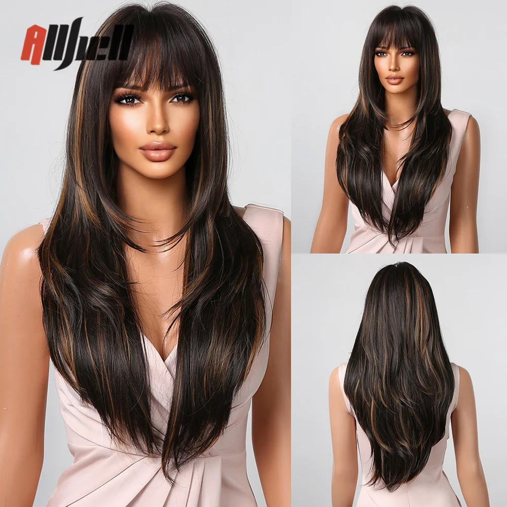 

Long Straight Highlight Dark Brown Hair Wigs Synthetic Mixed Color Wig with Bangs Heat Resistant Wig for Women Cosplay Daily Use