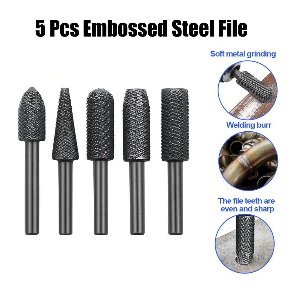 

5Pcs Embossed Steel File Wood Carving Tools Round Shank File Drill Bits Hand Tools For Soft Metal Burr Grinding And Reaming