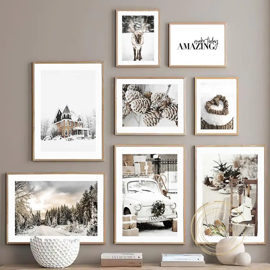 

Christmas Canvas Painting Winter Scenery Forest Elk Car Wall Art Posters and Prints Nordic Modern Picture for Living Room Decor
