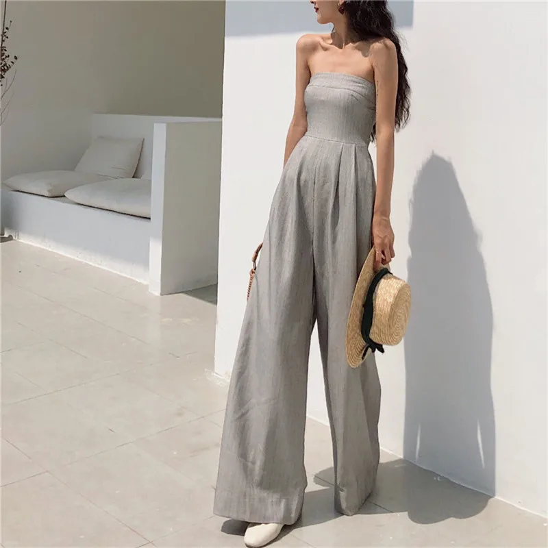 High Waist Tube Top Playsuit Rompers Fashion Summer Long Wide Leg Pants Bodysuit Women Sexy Grey Slash Neck Strapless Jumpsuit