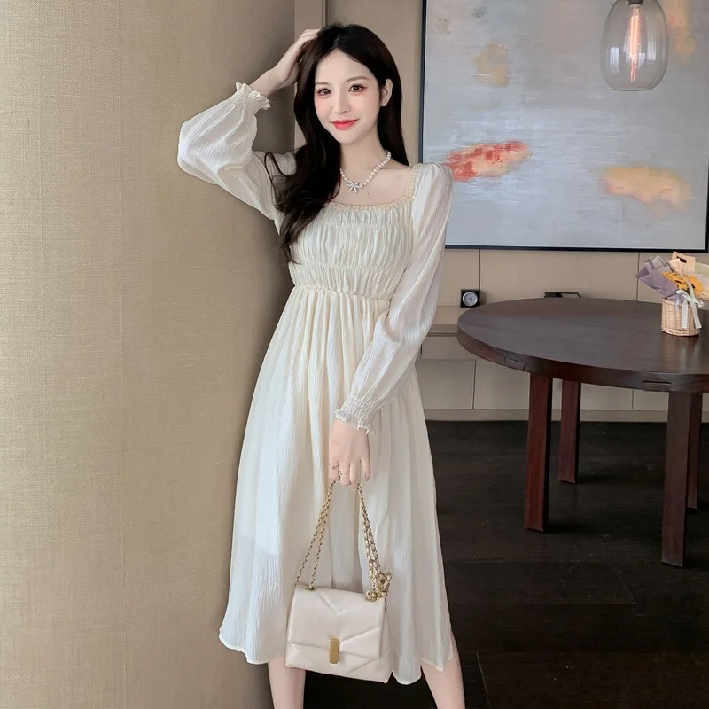 

2022 Spring Summer Woman Dress New Fashion Puff Sleeve French Srtyle Dresses Fresh Square Collar Long Dress