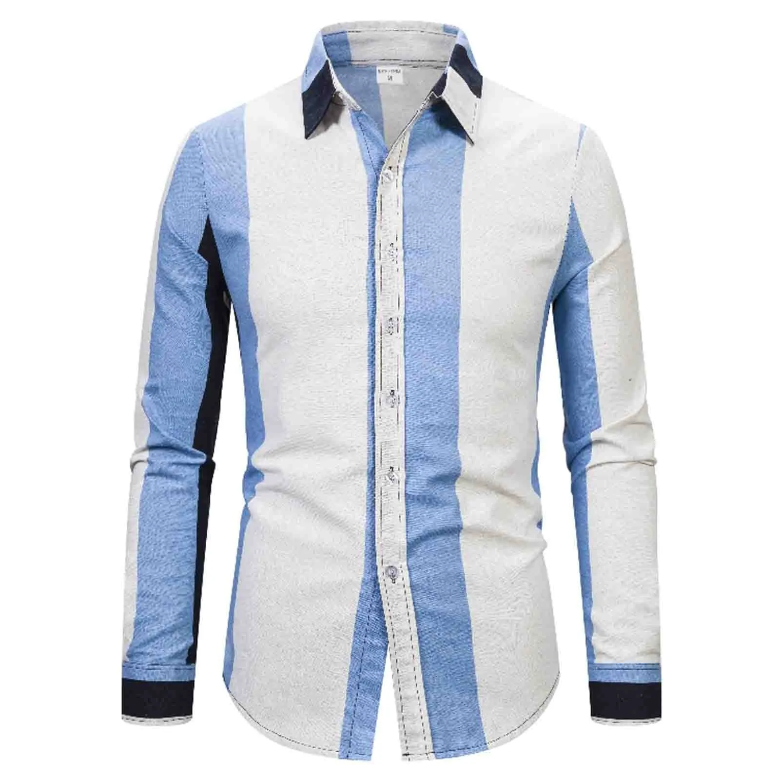 

Striped Shirts Men Autumn Winter Contrast Color Casual Lapel Long Sleeve Vacation Outdoor Holiday Slim Fit Shirt Male Blouse