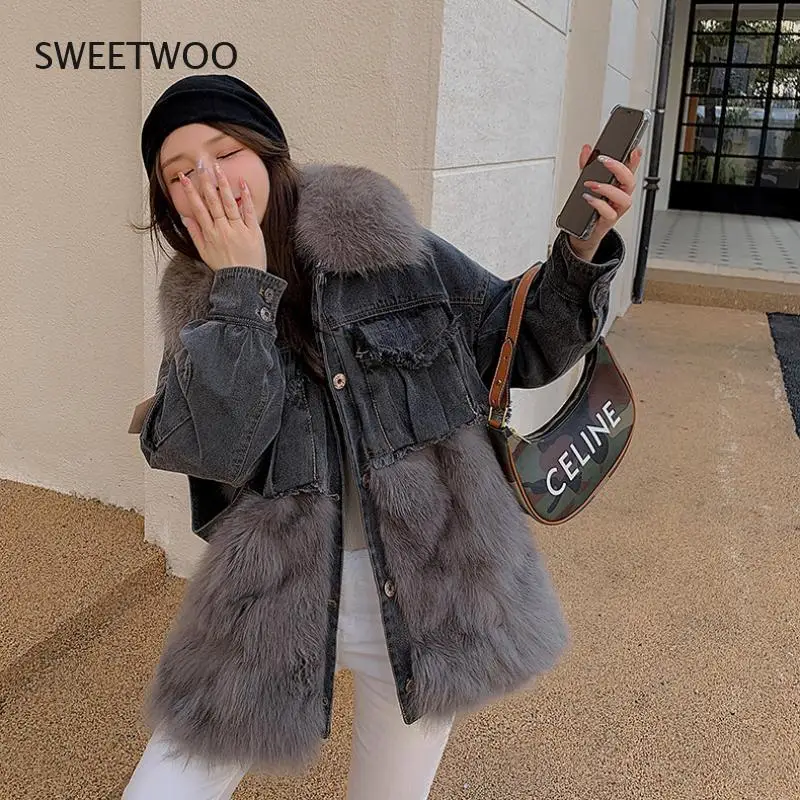 Winter 2022 New Style Denim Jacket Stitching Faux Fur Jacket Female Mid-Length Young Fashion Jacket Coat Thick Warmth