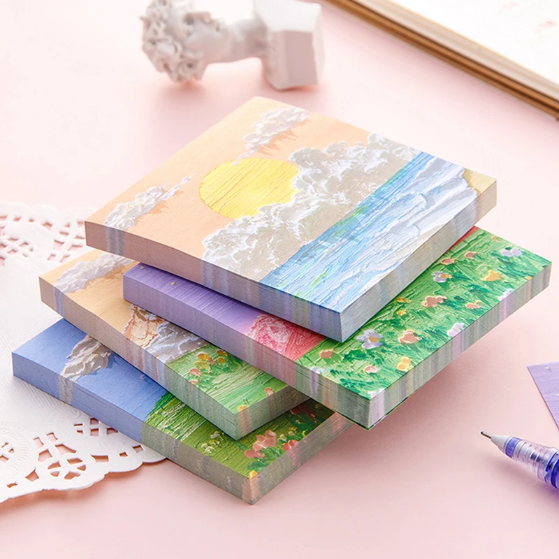 

80 Sheets Oil Painting Stickers Memo Pad Colored Notepad Kawaii Stickers Notes